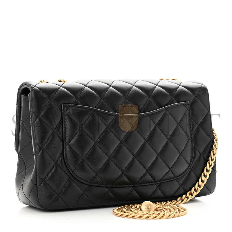 CHANEL LAMBSKIN QUILTED SMALL SWEET CAMELLIA FLAP BLACK (23*14*7cm)